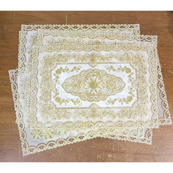 Set of 8 Soft Vinyl Lace Doily Gold White Placemats 18” - Picture 1 of 5